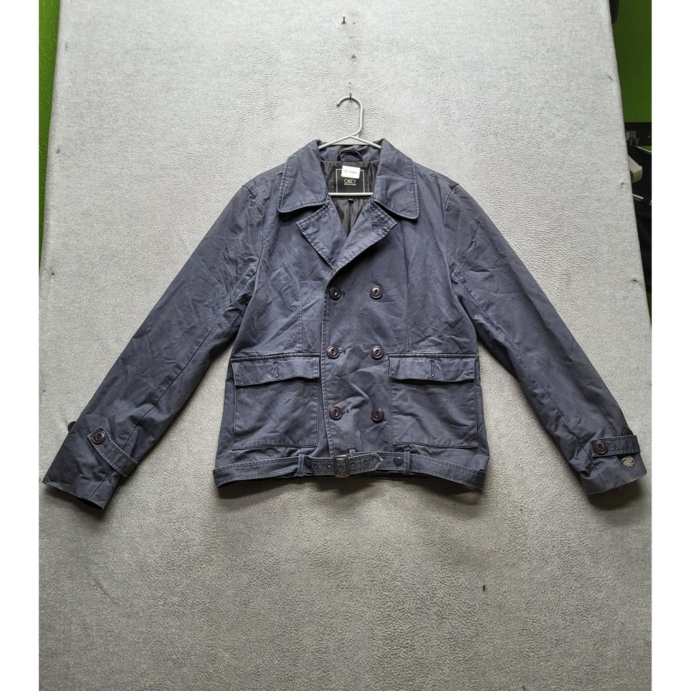 OBEY Women Jacket L Gray Peacoat Button Belted Long Sleeve